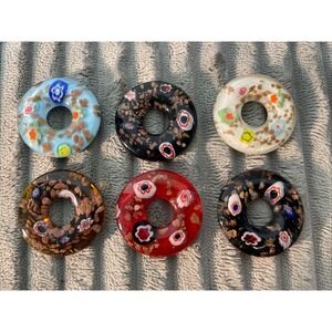 6 Millefiori Glass Donut Pendants White Red Black 1.5" Aventurine Blown Floral